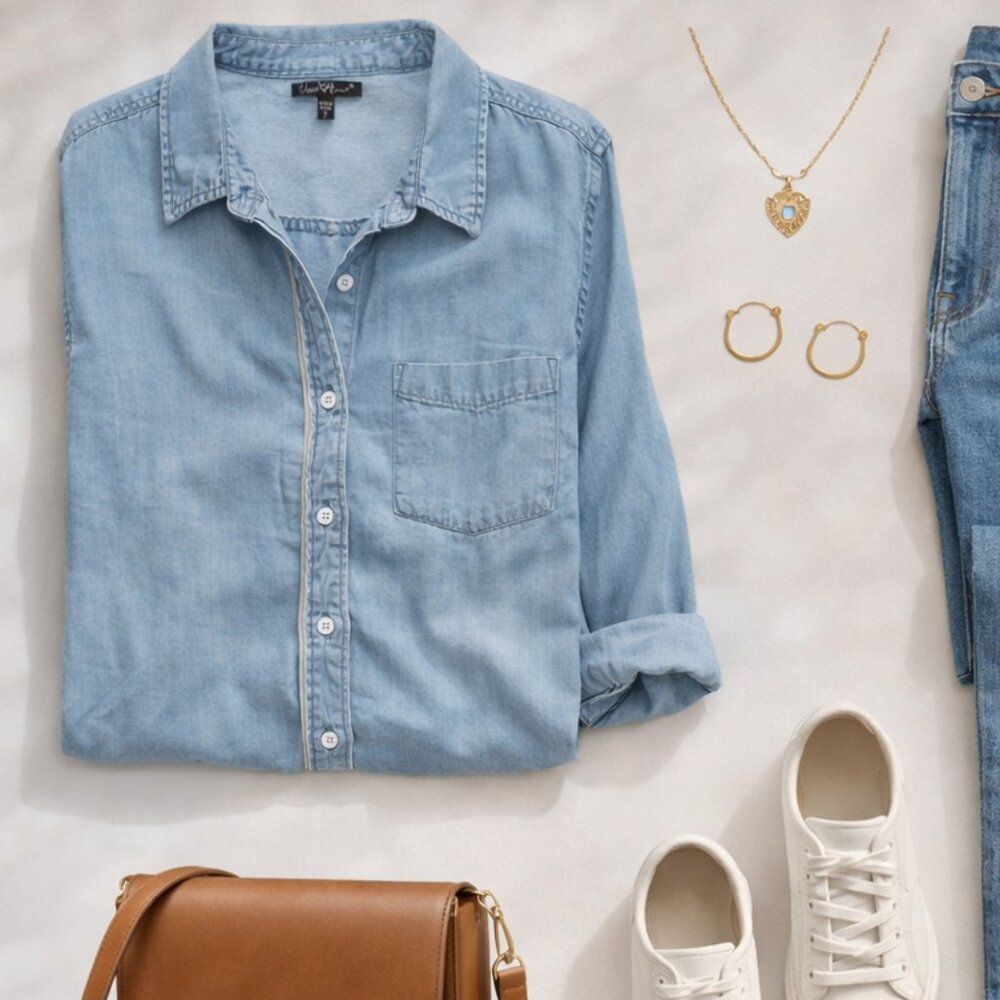 💚 Velvet Heart Light Wash Chambray Button Down Shirt Size S